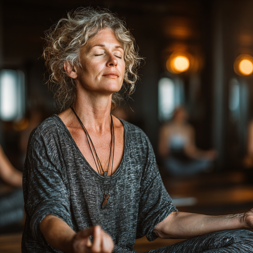 Літня жінка практикує йогу на природі