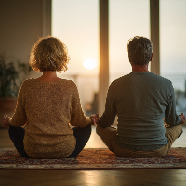 Група літніх людей практикує йогу в парку